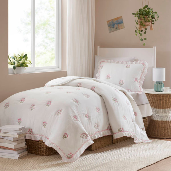 English Elm 2-piece Floral Embroidered Twin Quilt Set Romantic Ruffled Border Soft Down Alternative Fill White+Pink B035P463191