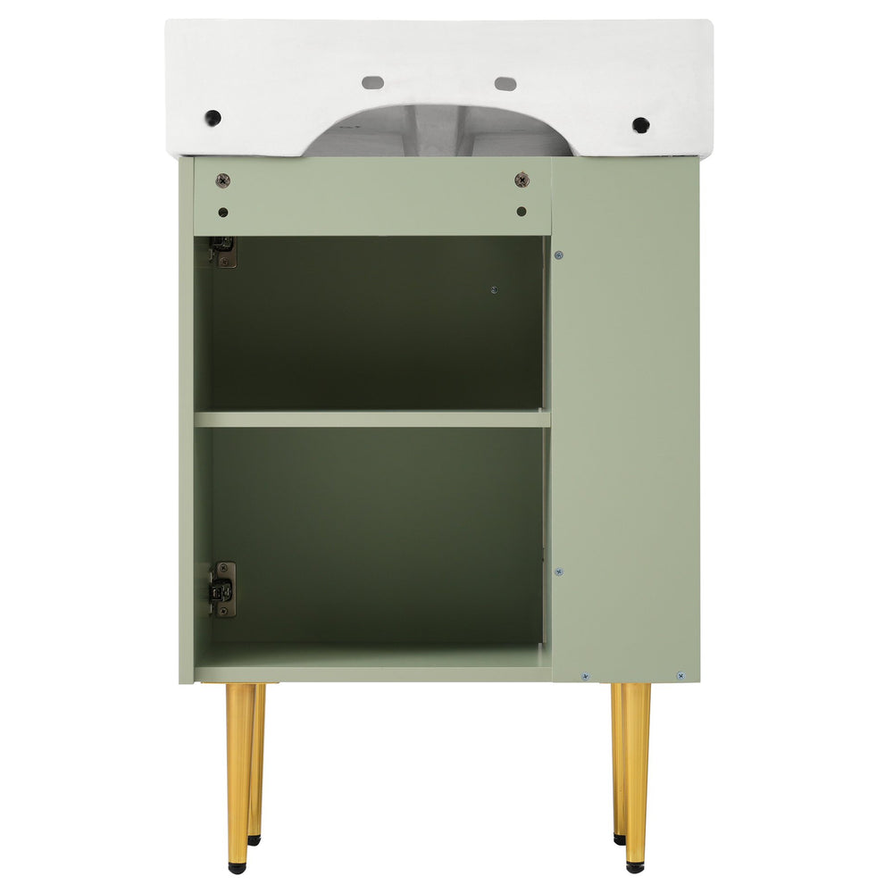 English Elm 21.6" Green Bathroom Vanity with Ceramic Sink, Left Side Storage, Gold Legs, Soft-Close, Modern Finish SV000007AAF