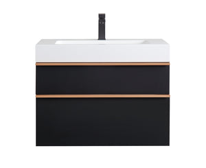 English Elm VELA 30 Inch Wall Mounted Bathroom Vanity with Integrated Acrylic Sink, Dual Wood Handles, Soft-Close Drawers, Matte Finish Black W3235P327617