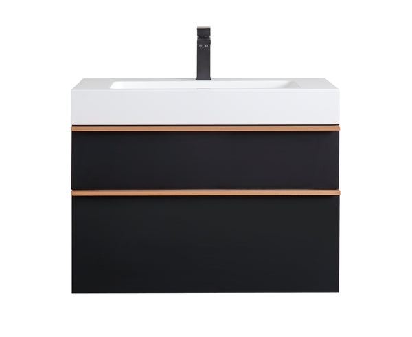 English Elm VELA 30 Inch Wall Mounted Bathroom Vanity with Integrated Acrylic Sink, Dual Wood Handles, Soft-Close Drawers, Matte Finish Black W3235P327617