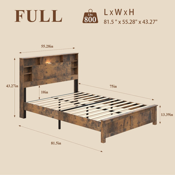 English Elm Full Platform Bed Wood Headboard with Led Lighting Charging Ports and Bookcase Storage W636P444676