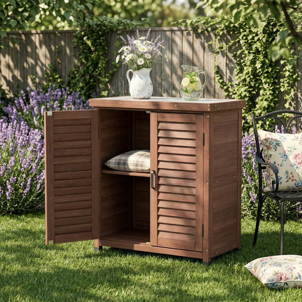 English Elm Potting Bench Solid Wood Workstation with Metal Top Louvered Cabinet Outdoor Garden Brown W2640P228401
