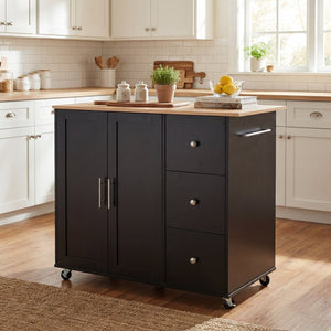 English Elm Mobile Rolling Kitchen Island with 3 Drawers Matte Black Cabinet and Natural Wood Top N779P373196B