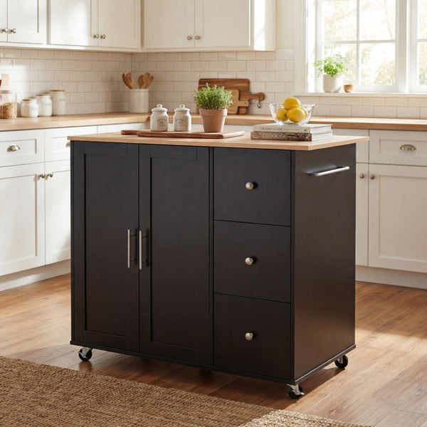 English Elm Mobile Rolling Kitchen Island with 3 Drawers Matte Black Cabinet and Natural Wood Top N779P373196B