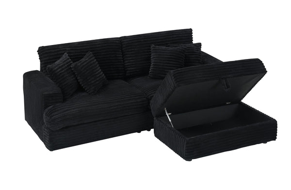 English Elm 82 Inch Black Corduroy Sofa With Storage Footstool & 4 Pillows – Stylish Comfort For Any Space! W1658S00104