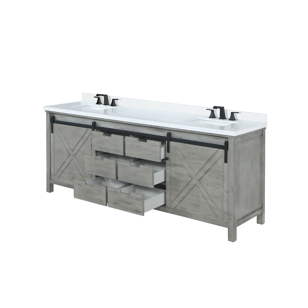 English Elm Ash Grey 80 in. Double Vanity with Cultured Marble Top, Soft-Close Storage & Matte Black Faucet Set B2731P260160