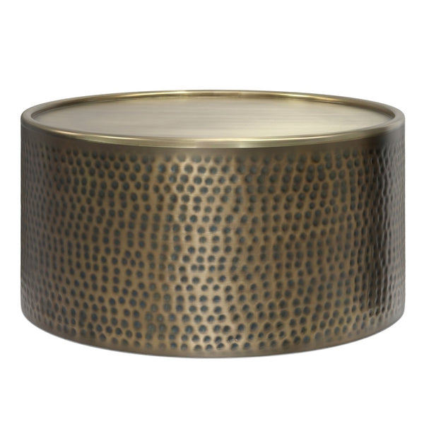 English Elm Corbin Hammered Iron Drum Coffee Table Antique Gold Finish for Modern Living Rooms B136P429083