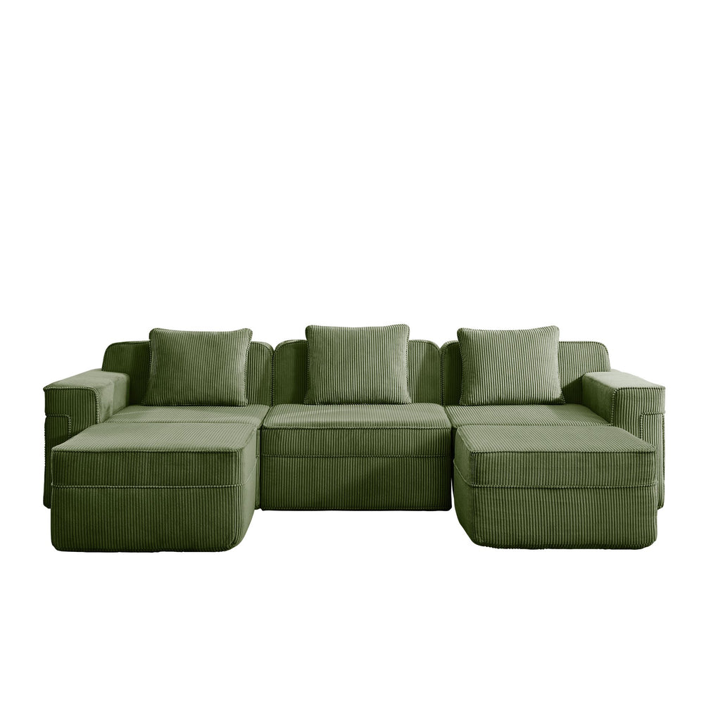 English Elm Modular U-Shape Sectional Sofa With Plush Corduroy Upholstery, Movable Ottomans & Cozy Pillows W3041S00333