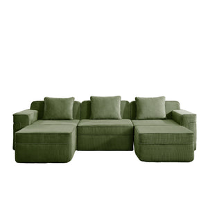 English Elm Modular U-Shape Sectional Sofa With Plush Corduroy Upholstery, Movable Ottomans & Cozy Pillows W3041S00333