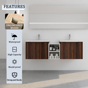 English Elm 60 Inch Wall Mounted Vanity with Dual Resin Sinks, Soft Close Doors, Metal Handles & Shelves Durable Finish California Walnut W999S00187
