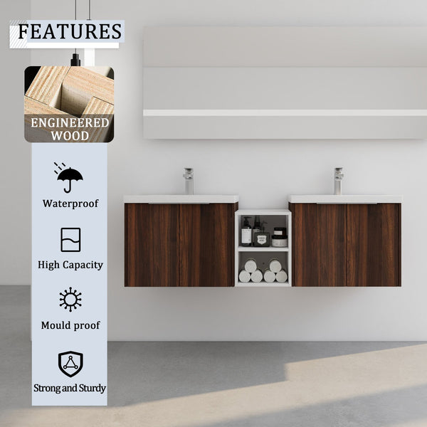 English Elm 60 Inch Wall Mounted Vanity with Dual Resin Sinks, Soft Close Doors, Metal Handles & Shelves Durable Finish California Walnut W999S00187