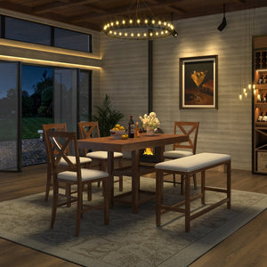 English Elm U_style Rubberwood Farmhouse Bar Table Set Expandable Crossback Chairs Bench Seating Brown WY000534AAD