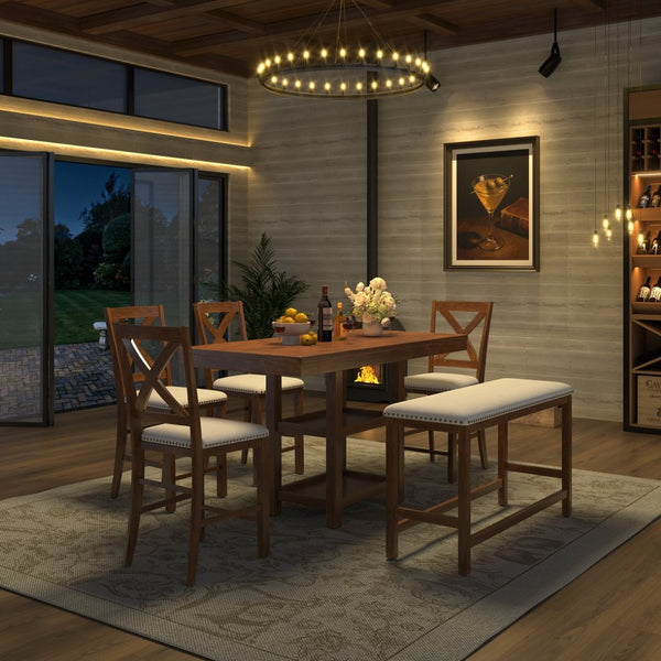 English Elm U_style Rubberwood Farmhouse Bar Table Set Expandable Crossback Chairs Bench Seating Brown WY000534AAD