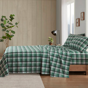 English Elm 4 Pcs Cal King Flannel Sheet Set - Cozy Green Plaid Bedding For Warmth & Timeless Style B035P319785
