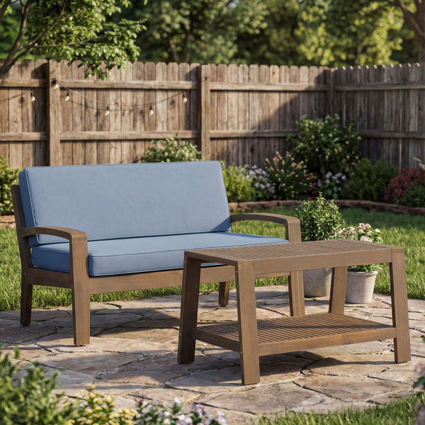 English Elm 2-piece Outdoor Acacia Wood Loveseat Set with Water-resistant Cushions for Patio Decks 57976.00SETFGRY_57976.00SETCUSH-BLUSKIN