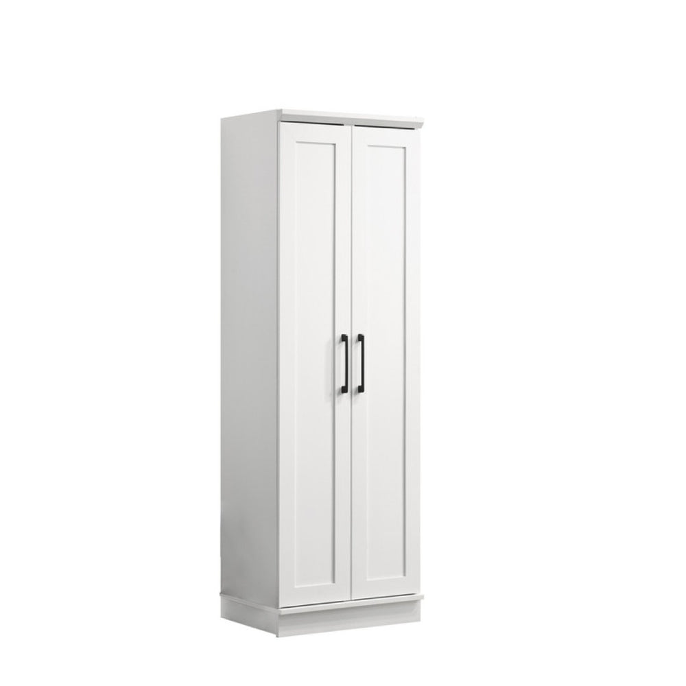 English Elm Evelina Tall White Storage Cabinet with Framed Panel Doors and Black Hardware Accents B2749P413239