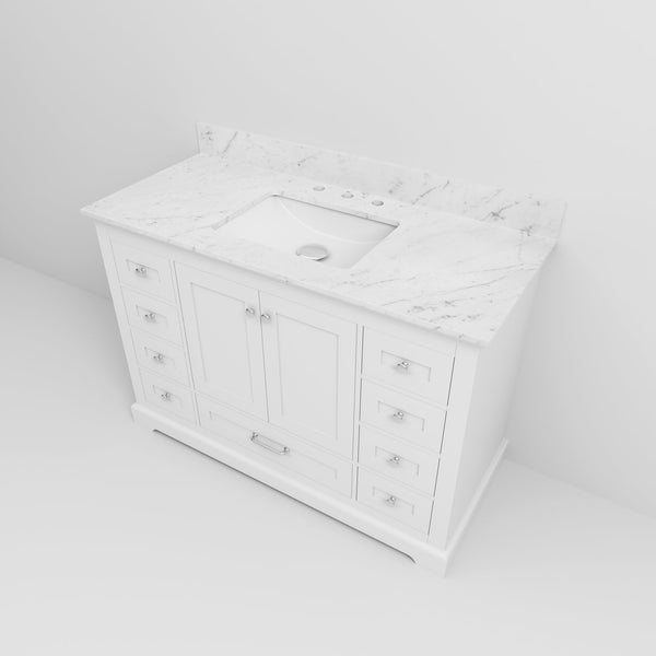 English Elm White Single Bath Vanity 48 in. W x 22 in. D with Carrara Marble Top, Solid Wood, Soft-Close Drawers B2731P258204