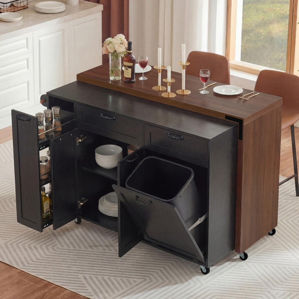 English Elm K&k Extendable Kitchen Island Rolling Cart with Spice Rack Walnut Oak Finish Black N707S000026B