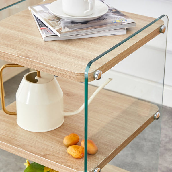 English Elm Three Triple-Layer Bedside Table with MDF Top & Tempered Glass Legs, Storage, Minimalist Warmth W1512P387008