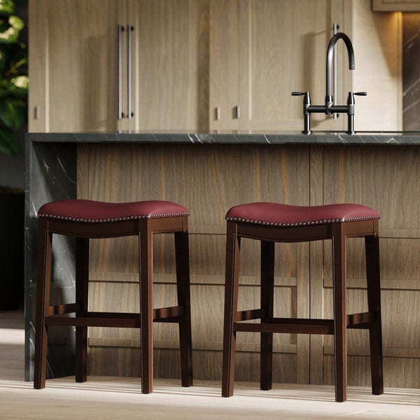 English Elm 31in. Hardwood Barstool Nailhead Faux Leather Seat Club Style Kitchen Island Seating Red B2751P436415