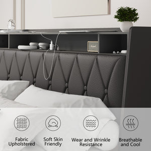 English Elm Queen Ergonomic Headboard Bed Frame with Built-In Charger & Outlets, Metal Platform with Shelf Black W3107P262752