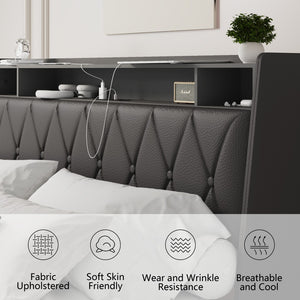 English Elm Queen Metal Platform Bed with Ergonomic Headboard Built-in Outlets and Storage Shelf W3107S00004