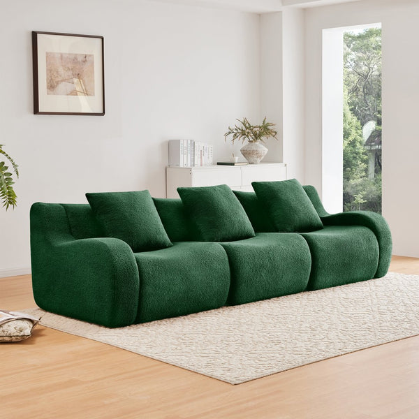 English Elm Boneless Sofa: Luxurious 3-Seat Teddy Fabric, Non-Slip Design, No Assembly, Curved Armrests, Green Comfort W714S01439