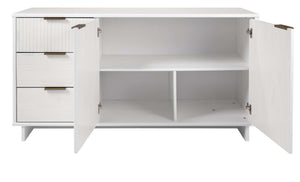 English Elm Granville 55" Sideboard in White Solid Wood with Ribbed Drawers, Gold Handles, 3 Shelves, 50" TV Ready B365S00114