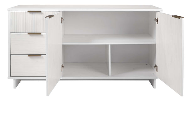English Elm Granville 55" Sideboard in White Solid Wood with Ribbed Drawers, Gold Handles, 3 Shelves, 50" TV Ready B365S00114