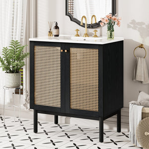 English Elm 30-inch bathroom vanity with handwoven rattan doors, ceramic sink, soft-close hinges, black bamboo elegance N729P285517B