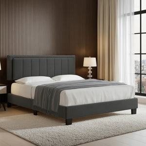 Elowen Boucle Platform Bed with Led Lighting and Channel Tufted Upholstered Headboard