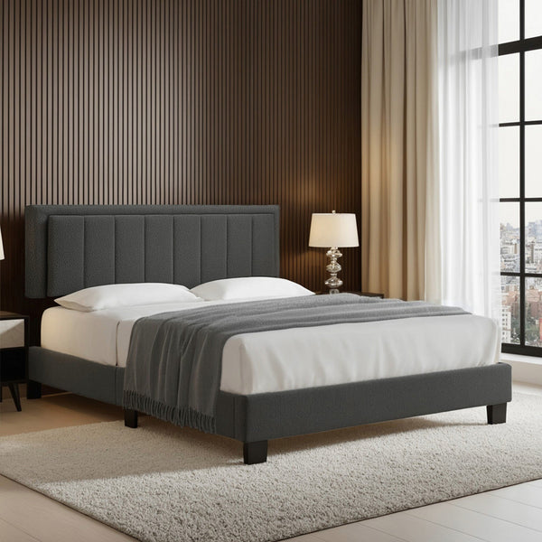 Elowen Boucle Platform Bed with Led Lighting and Channel Tufted Upholstered Headboard