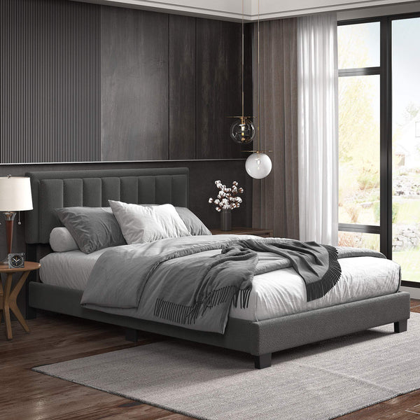 Elowen Boucle Platform Bed with Led Lighting and Channel Tufted Upholstered Headboard