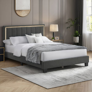 Elowen Boucle Platform Bed with Led Lighting and Channel Tufted Upholstered Headboard