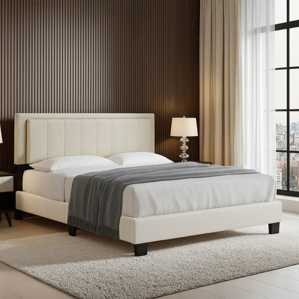 Elowen Boucle Platform Bed with Led Lighting and Channel Tufted Upholstered Headboard