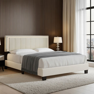 Elowen Boucle Platform Bed with Led Lighting and Channel Tufted Upholstered Headboard