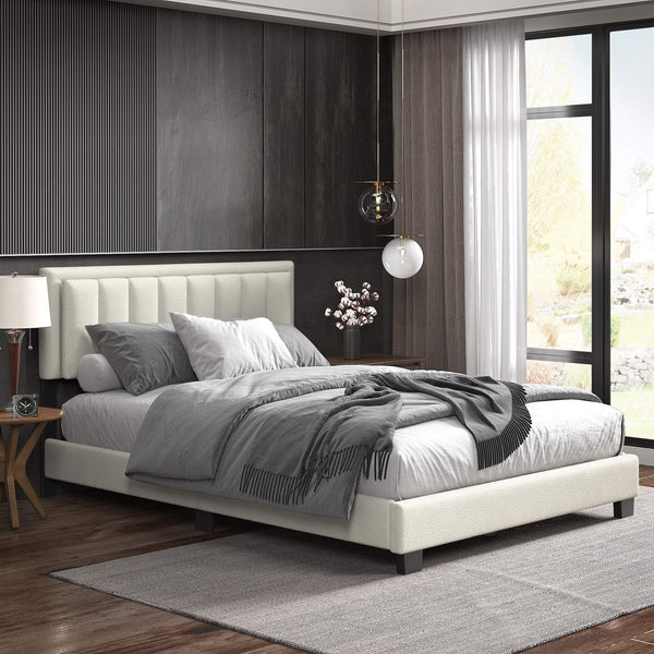 Elowen Boucle Platform Bed with Led Lighting and Channel Tufted Upholstered Headboard