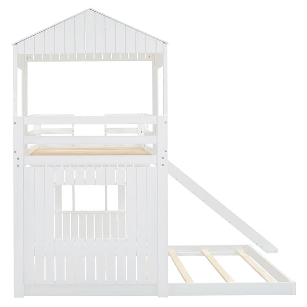 English Elm Wooden Twin Over Full Bunk Bed Farmhouse Playhouse Slide Pinewood Kids Loft White LT000328AAK