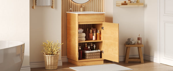 English Elm 20-inch Farmhouse Bathroom Vanity with Ceramic Sink, Freestanding Single Cabinet, Soft-Close Door, Adjustable Shelf, Natural Wood-Grain Finish N710P334910P