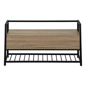 English Elm Bench, 42" Flip-Top Storage & Shoe Rack, Dark Taupe Wood-Look Laminate, Black Metal Frame, Modern Entryway B2710P219497
