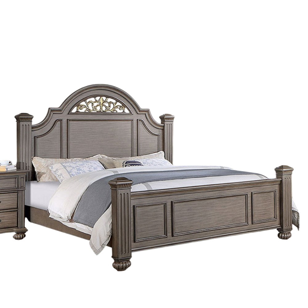English Elm Queen Panel Bed with Floral Paneled Headboard and Antique Brass Accents, Elegant Contemporary Design Gray 67 L x 50 W x 6 H B2741S00048