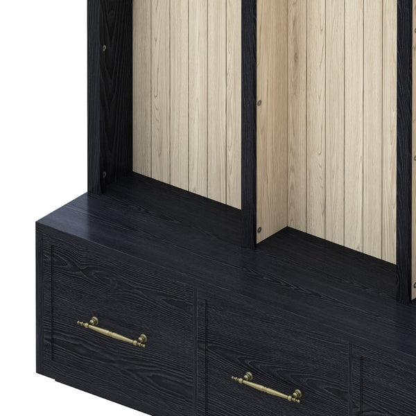 English Elm Farmhouse Hall Tree with Arched Panels Bench Drawers and Hooks for Mudroom Entryway Black W5271S00005