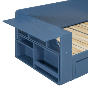 English Elm Full Size Daybed with Hydraulic Desk Armrests Storage Drawer and Sofa Seating Blue LT000271AAC