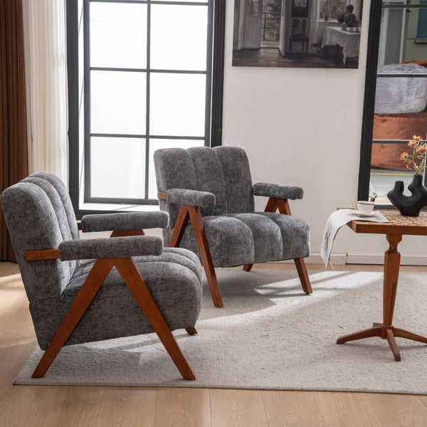 English Elm Mid-century Modern Chenille Lounge Chair Set Oak Frame Cloud Silhouette Living Room Gray W1170S00050