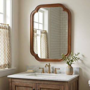 English Elm Black Walnut Solid Wood Frame Mirror with Rounded Corners for Bedroom or Entryway W2203P455260