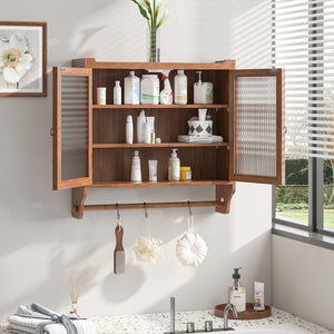 English Elm 24.8"Glass Vintage Double Door Wall Cabinet Brown with 3-Tier Solid Wood Shelves, Glass Panels & Towel Rack W757P170144