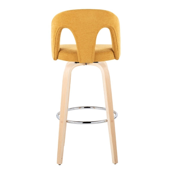 English Elm Fixed-height Swivel Barstools Bentwood Legs Yellow Upholstery Chrome Footrest Set of 2 B202S01879
