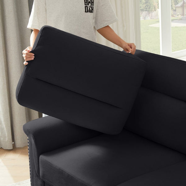 English Elm 82" Chesterfield Snowfleece Upholstered 3-seat Sofa Nailhead Trim Plush Living Room Black W1359P386022