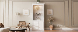 English Elm 78.75''H Retro Farmhouse Display Bookcase with 5-Color LED, Adjustable Glass Shelves & Doors - White N845P263122W