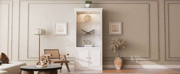 English Elm 78.75''H Retro Farmhouse Display Bookcase with 5-Color LED, Adjustable Glass Shelves & Doors - White N845P263122W